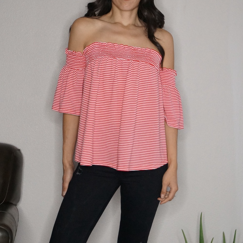 Andrea Striped Off the Shoulder Flowy Top Coral & White Size M